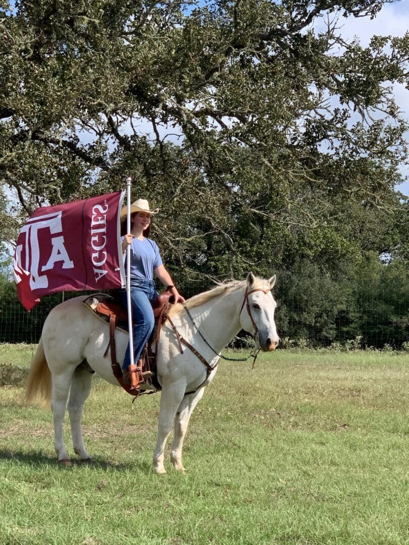 Person on horseback holding a Texas A&M flag in a grassy field.